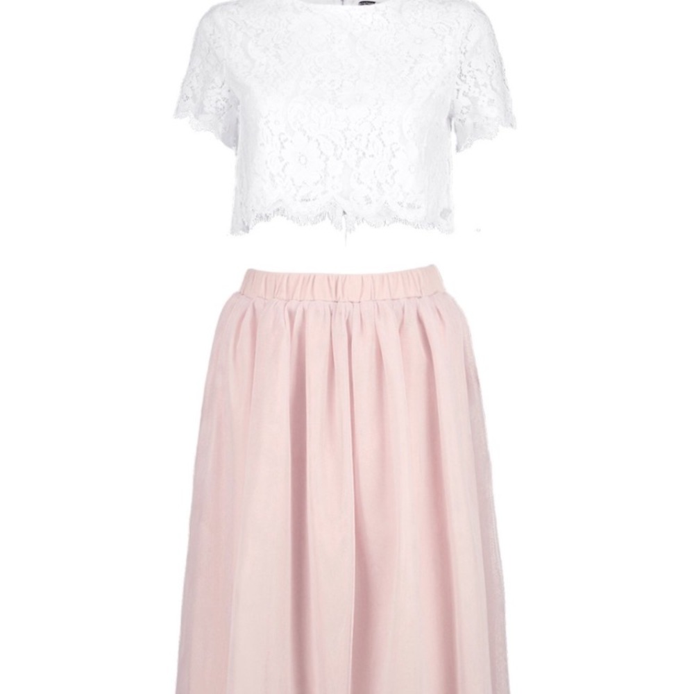 White Lace Top & Blush Midi Skirt Set - NEW - Picture 3 of 4